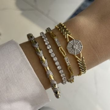 İthal İki Renkli Taş Detaylı Tasarım Kelepçe Bileklik Celia