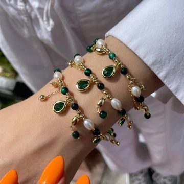 925 Ayar Gümüş Barok İncisi Ve Malakit Taşlı Bileklik Vittoria