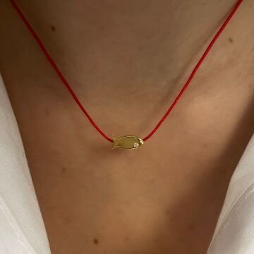 925 Ayar Gümüş Balık Model Kırmızı İp Kolye MiniFish