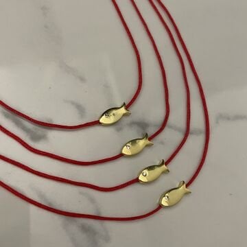 925 Ayar Gümüş Balık Model Kırmızı İp Kolye MiniFish