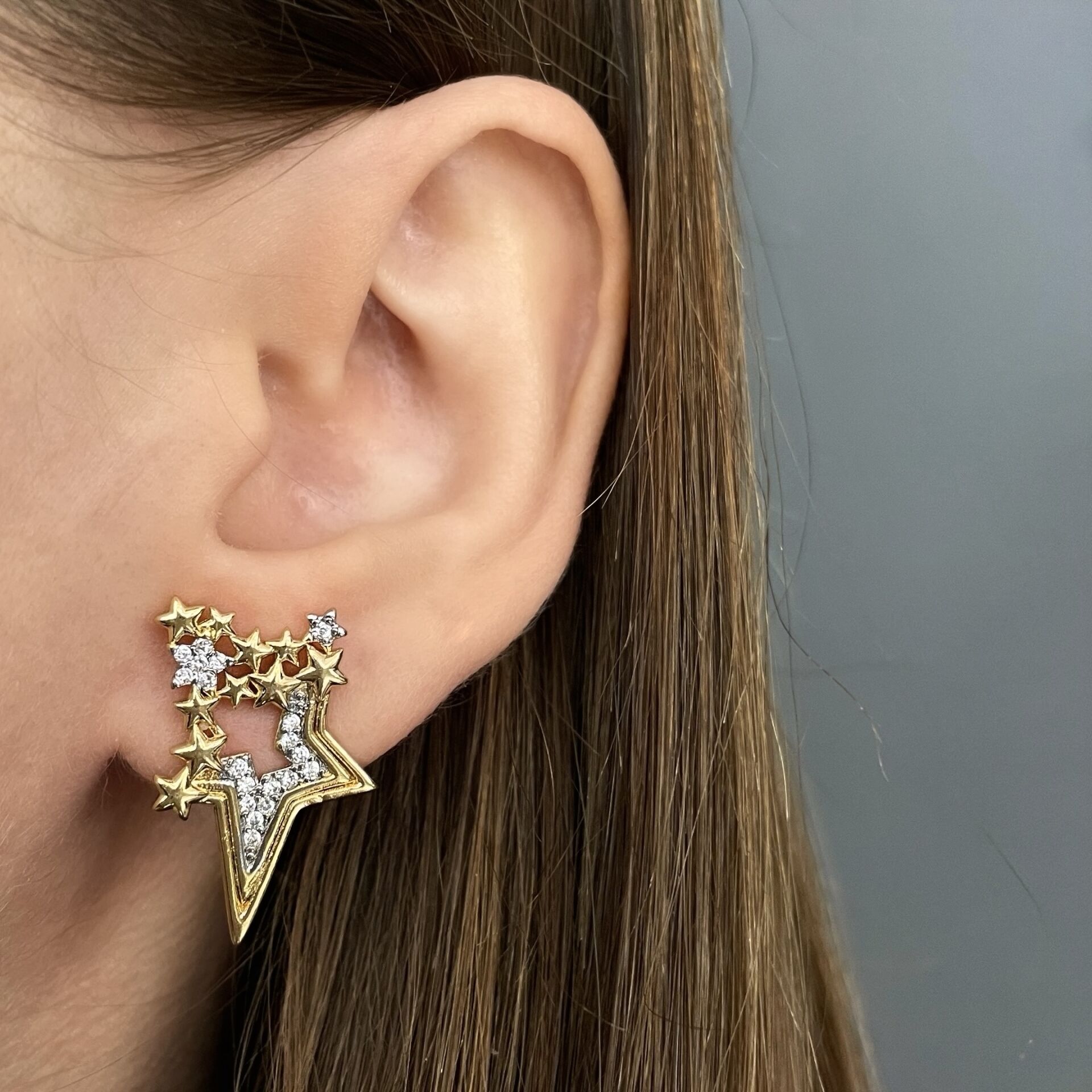 İthal Taş Detaylı Yıldız Tasarım Küpe Skyra