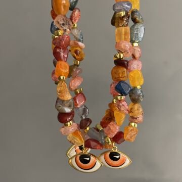 925 Ayar Gümüş Akik Taşlı Turuncu Mineli Göz Kolye