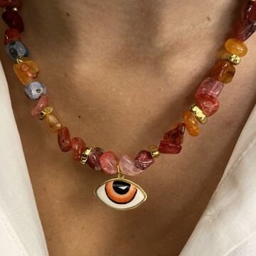 925 Ayar Gümüş Akik Taşlı Turuncu Mineli Göz Kolye