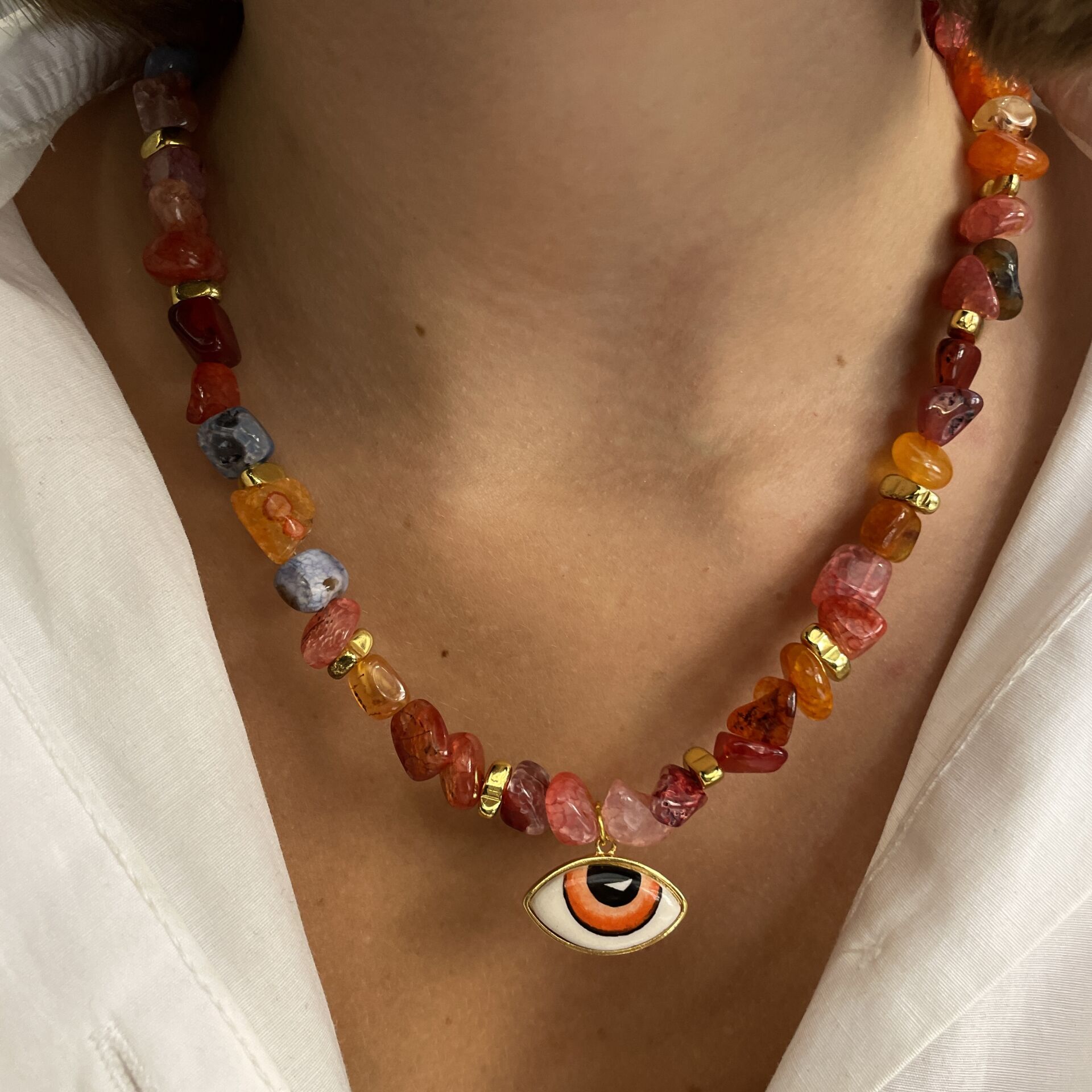 925 Ayar Gümüş Akik Taşlı Turuncu Mineli Göz Kolye