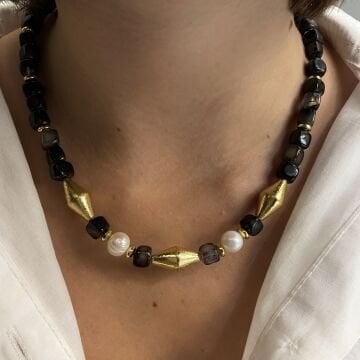 925 Ayar Gümüş Gold Detaylı Akik Taşlı Tasarım Kolye Alegra