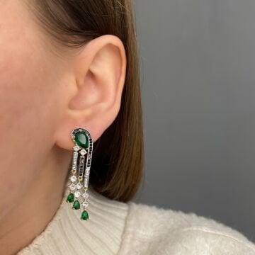 İthal Zümrüt Taşlı Tasarım Küpe