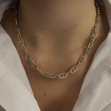 925 Ayar Gümüş İki Renkli Altın İşçilikli Zincir Kolye Sasha