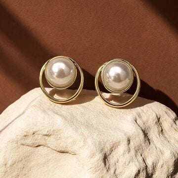 İthal Gold Detaylı Tasarım İnci Küpe Velora