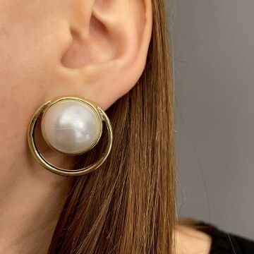 İthal Gold Detaylı Tasarım İnci Küpe Velora