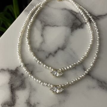 925 Ayar Gümüş Barok İncili Markiz Taşlı Kolye