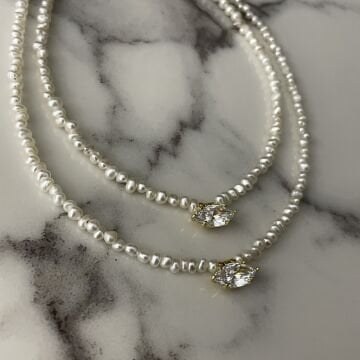 925 Ayar Gümüş Barok İncili Markiz Taşlı Kolye