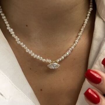 925 Ayar Gümüş Barok İncili Markiz Taşlı Kolye