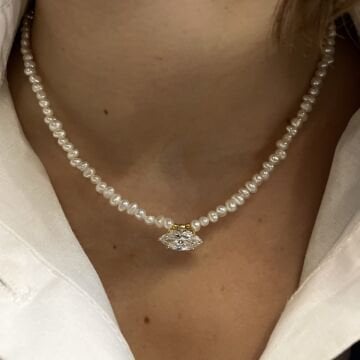 925 Ayar Gümüş Barok İncili Markiz Taşlı Kolye