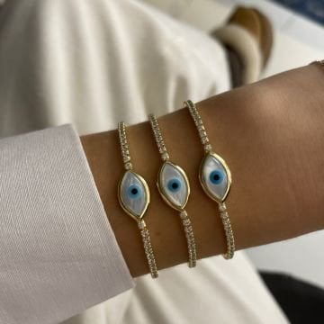 925 Ayar Gümüş Sedef Taşlı Nazar Boncuklu Su Yolu Bileklik Sierra