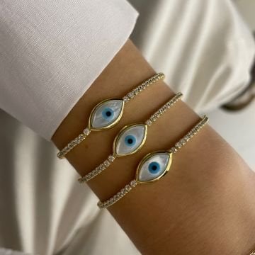 925 Ayar Gümüş Sedef Taşlı Nazar Boncuklu Su Yolu Bileklik Sierra