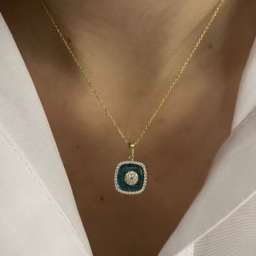 925 Ayar Gümüş Taş Detaylı Cam Göz Kolye