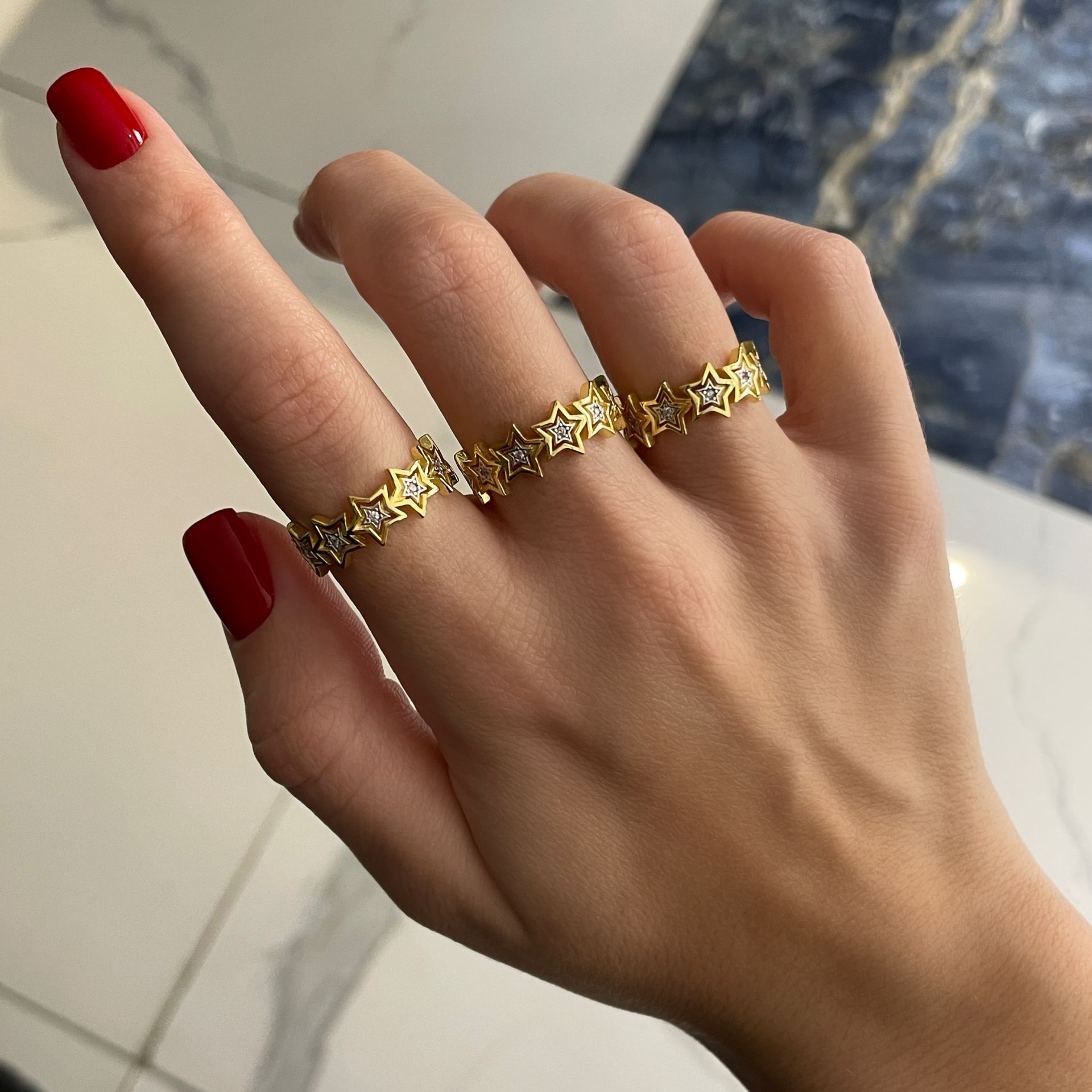 925 Ayar Gümüş İthal Taş Detaylı Yıldız Model Yüzük Stars