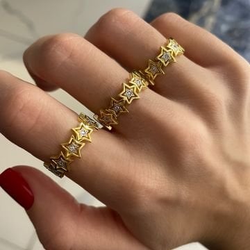 925 Ayar Gümüş İthal Taş Detaylı Yıldız Model Yüzük Stars