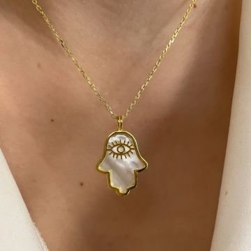 925 Ayar Gümüş Sedef Taşlı Göz Fatma Ana Eli Kolye Hanna