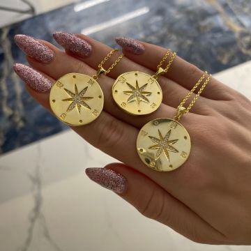 925 Ayar Gümüş Taşlı Pusula Plaka Kolye Pusulam