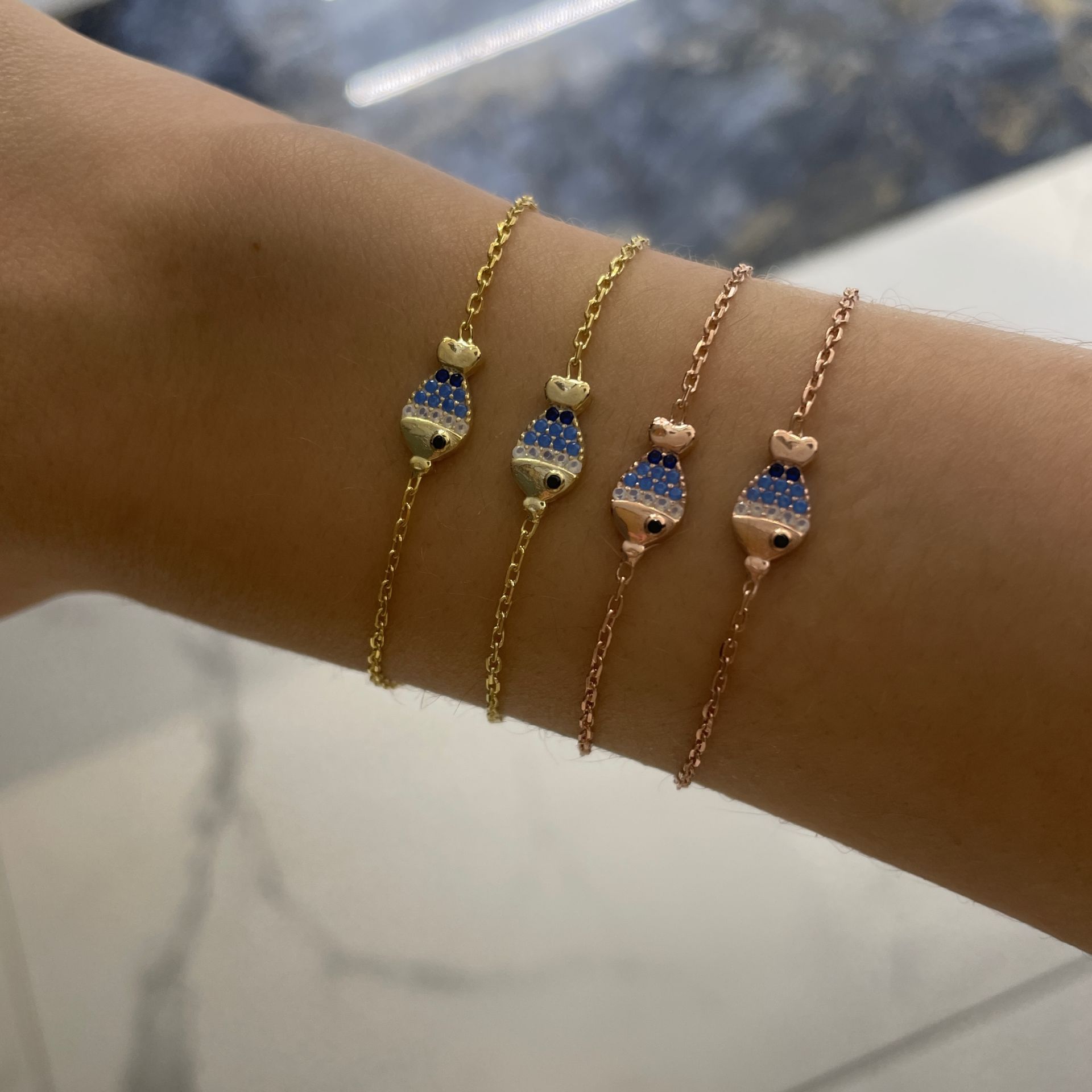 925 Ayar Gümüş Mavi Taşlı Balık Bileklik Mini Fish