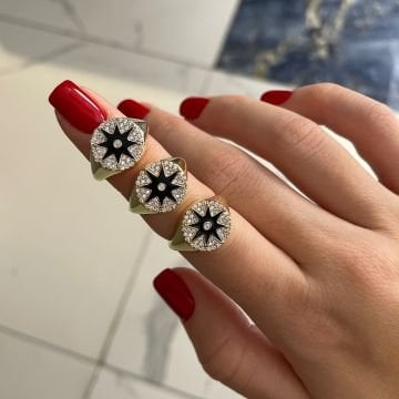 925 Ayar Gümüş Taş Detaylı Siyah Mineli Yıldız Yüzük  Sonia