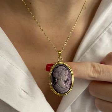 925 Ayar Gümüş İthal Cameo Taşlı Figürlü Kolye Cameo