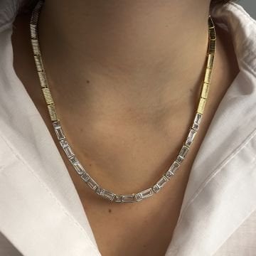 İthal İki Renkli Baget Taşlı Tasarım Kolye Goldie