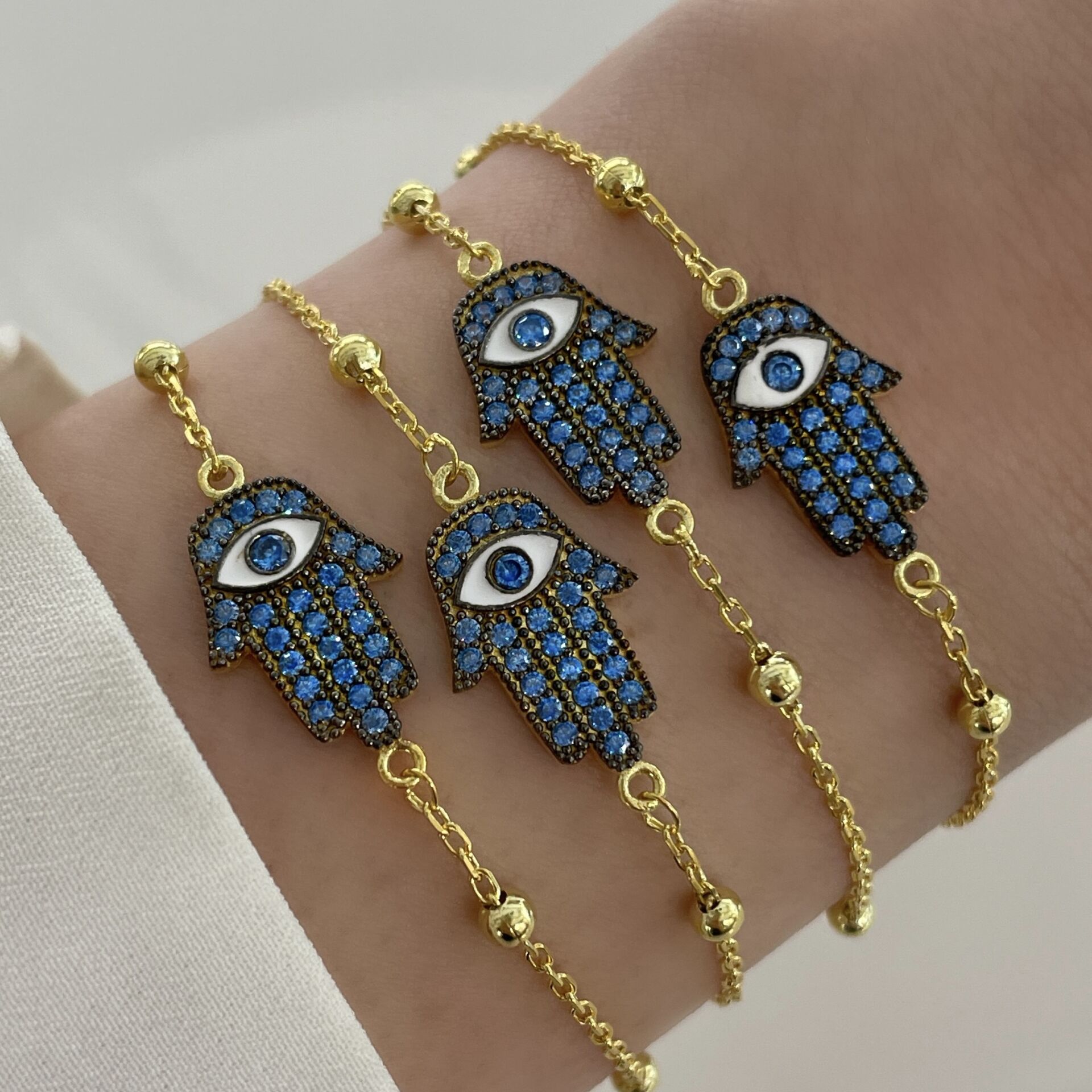 925 Ayar Gümüş Akuamarin Taşlı Fatma Ana Eli Bileklik Blue Hand