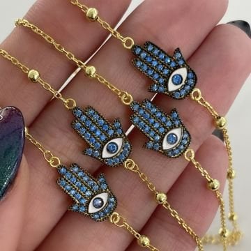 925 Ayar Gümüş Akuamarin Taşlı Fatma Ana Eli Bileklik Blue Hand
