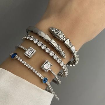 925 Ayar Gümüş Baget Taşlı Kelepce Bileklik Twisted