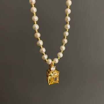 925 Ayar Gümüş İthal Sitrin Taşlı İnci Kolye Natali