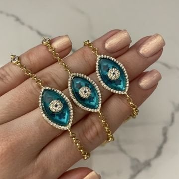 925 Ayar Gümüş İthal Taşlı Cam Göz Tasarım Bileklik Lucky Eye