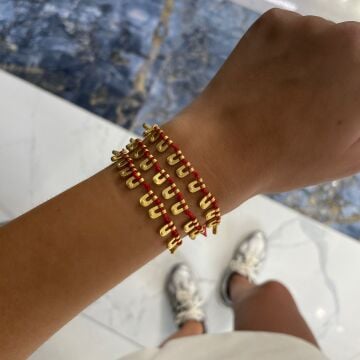 Gold Detaylı Kırmızı İp Bileklik