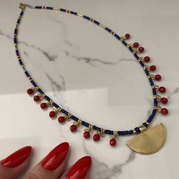 925 Ayar Gümüş Mercan Ve Lapis Taşlı Yelpaze Detaylı Kolye Yeli