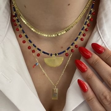 925 Ayar Gümüş Mercan Ve Lapis Taşlı Yelpaze Detaylı Kolye Yeli