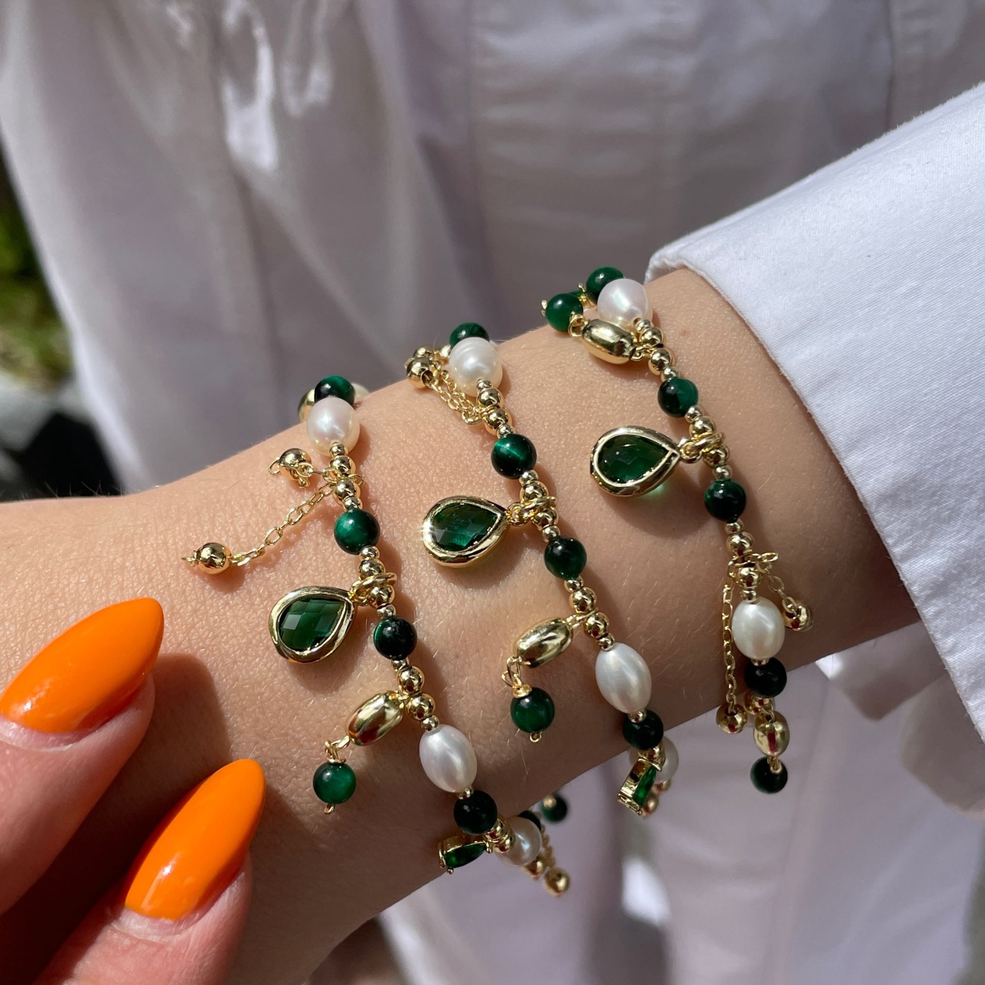 925 Ayar Gümüş Barok İncisi Ve Malakit Taşlı Bileklik Vittoria