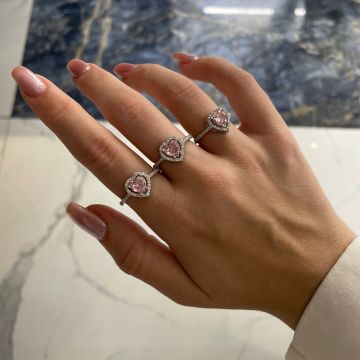 925 Ayar Gümüş Pembe Taşlı Kalp Yüzük Serena
