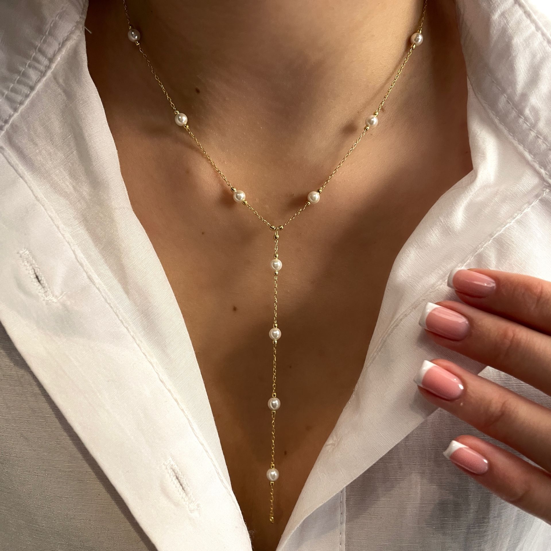 925 Ayar Gümüş İthal İnci Detaylı Y Kolye Billie