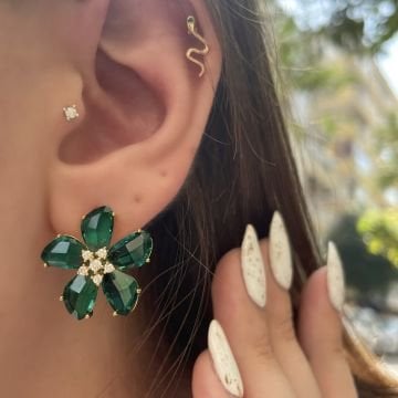 Renli Taşlı Çiçek Küpe