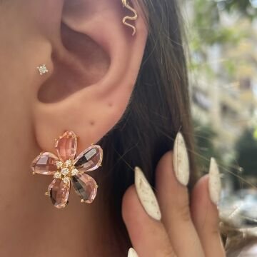 Renli Taşlı Çiçek Küpe