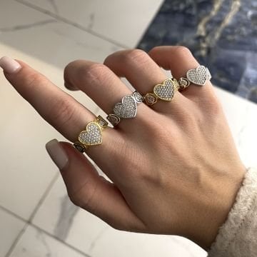 925 Ayar Gümüş İthal Taşlı Kalpli Tasarım Yüzük Gloria