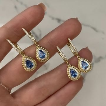 925 Ayar Gümüş Akuamarin Taşlı İthal Damla Halka Küpe Aqua