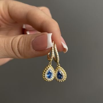 925 Ayar Gümüş Akuamarin Taşlı İthal Damla Halka Küpe Aqua