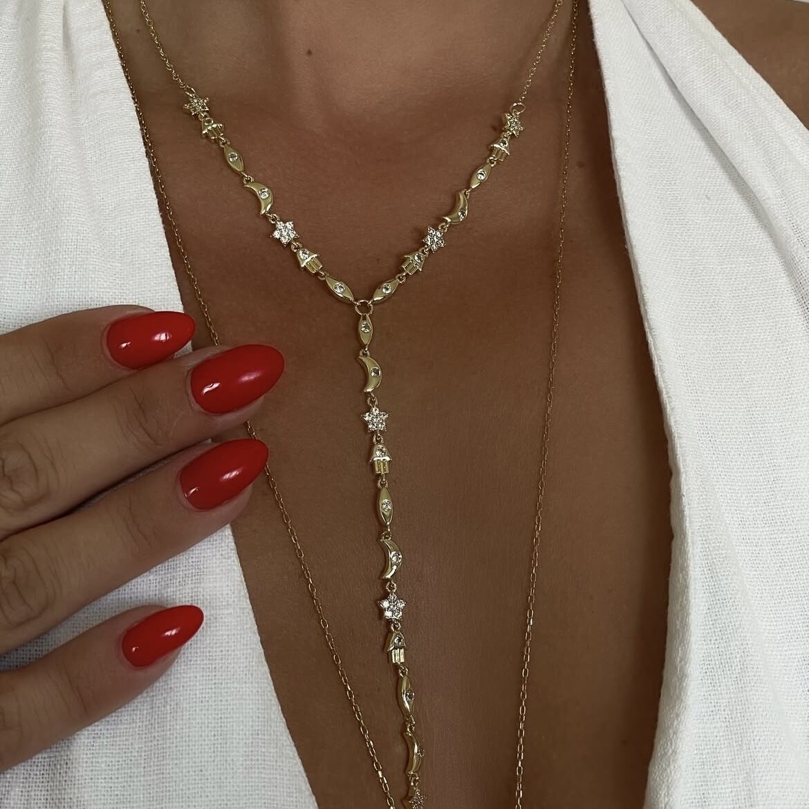 925 Ayar Gümüş İthal Taşlı Ay Yıldız Tasarımlı Y kolye Alisa