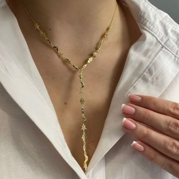 925 Ayar Gümüş İthal Taşlı Ay Yıldız Tasarımlı Y kolye Alisa