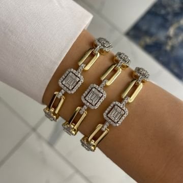 925 Ayar Gümüş İthal İki Renkli Baget Taşlı Tasarım Bileklik Elya