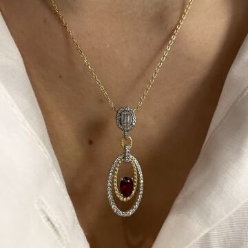 925 Ayar Gümüş İthal Baget Taş Detaylı Tasarım Kolye Ruby