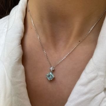 925 Ayar Gümüş Kare Mavi Pırlanta Kolye Lena