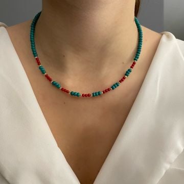 925 Ayar Gümüş Turkuaz Mercan Taşlı Kolye Faye